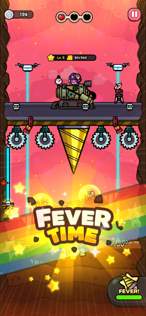 A colorful screenshot of DDDigger mobile game showcasing the Fever Time mode with a giant drill and cute alien character