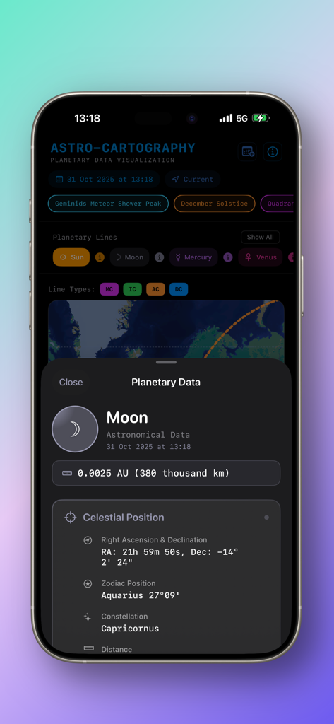 Astro-Cartography - 月に関する詳細な天文データと天体データを示すアストロ・カルタグラフィーアプリの画面