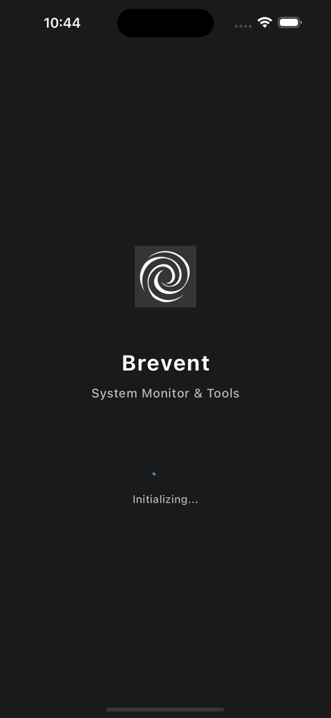 Brevent app launch screen displaying the logo and system monitor subtitle on a dark interface