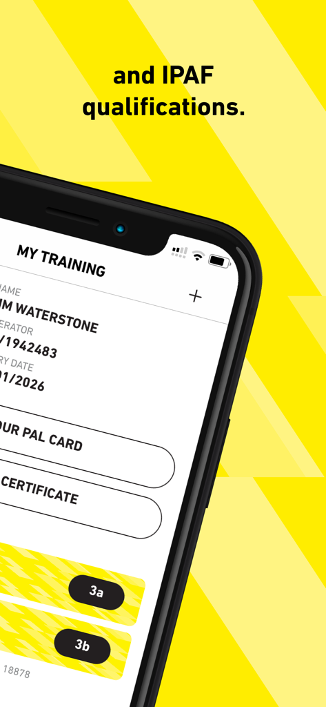 IPAF ePAL - IPAF ePAL app screen showing digital training qualifications and PAL card details