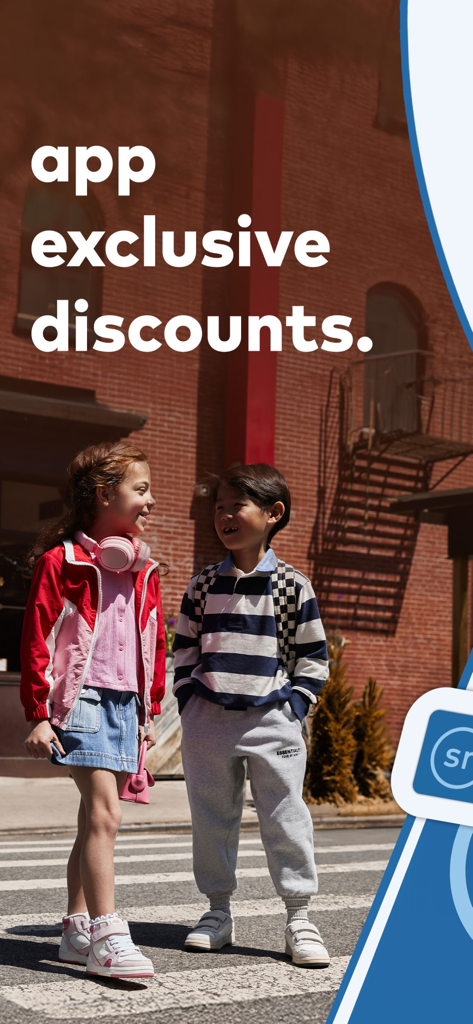 Two children walking across an urban street with text overlay announcing app exclusive discounts for Stride Rite shoes