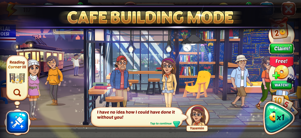 Cafe building mode screen in the Okey mobile game showing cartoon characters and decoration options.