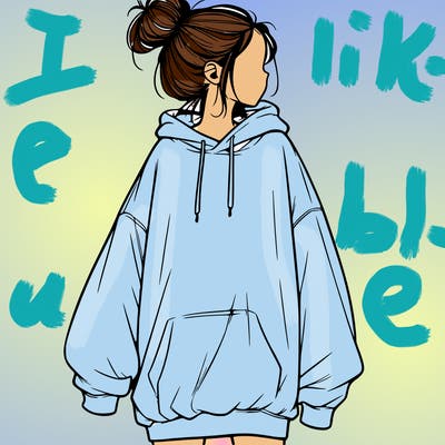 realistic girl with a oversized sweatshirt on and a bun