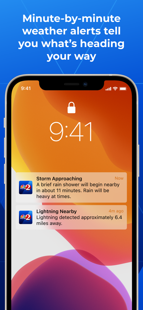 iPhone lock screen displaying real-time weather alerts from WESH 2 News Orlando.