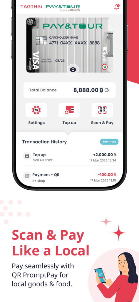 TAGTHAi app interface showcasing the Scan and Pay feature with a digital wallet for local QR payments in Thailand