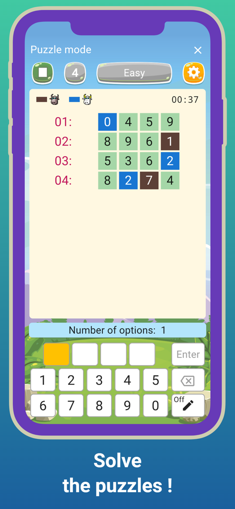 Bulls & Cows - Mastermind - A screenshot of the Bulls and Cows game in puzzle mode showing a logic deduction challenge with a number grid and keypad.