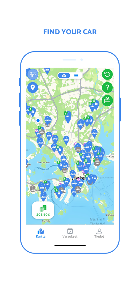 Omago Car Sharing & Rental - Map view in the Omago car sharing app showing available rental vehicles in Helsinki