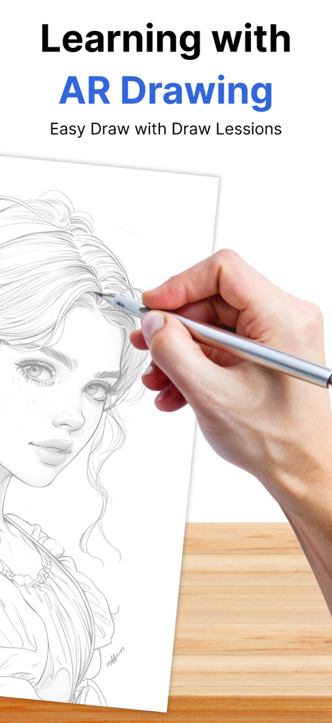 AR Drawing: Easy Sketch - A hand sketching a detailed portrait on paper using the AR Drawing app for easy learning