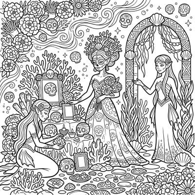 Journey beneath the waves to a unique Day of the Dead celebration, where elegant Sea Elves honor their ancestors. This intricate coloring page blends ocean magic with traditional sugar skull motifs for a truly captivating artistic experience.