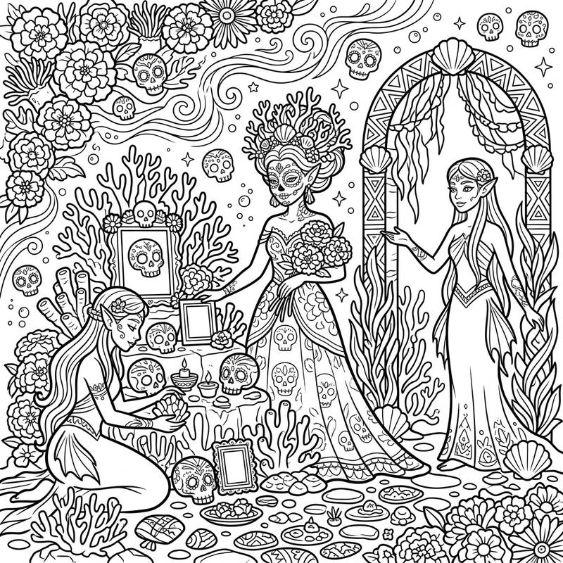 Journey beneath the waves to a unique Day of the Dead celebration, where elegant Sea Elves honor their ancestors. This intricate coloring page blends ocean magic with traditional sugar skull motifs for a truly captivating artistic experience.
