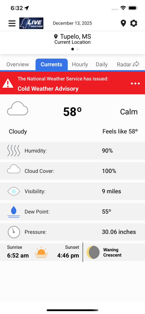 Mississippi LIVE Weather - Interface météo actuelle de l'application Météo LIVE Mississippi pour Tupelo, présentant une alerte de vigilance par temps froid et les détails sur l'humidité
