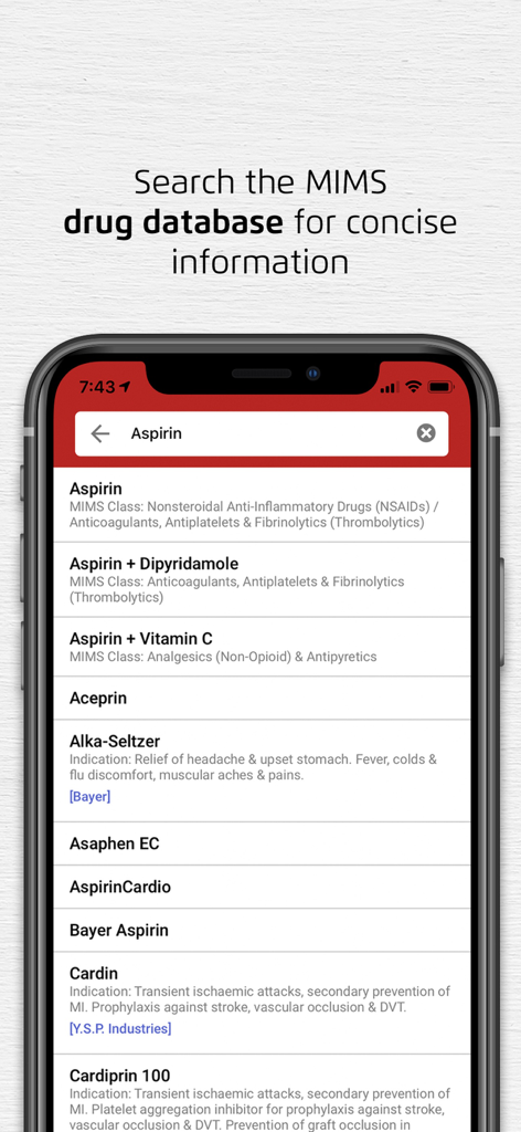 MIMS Thailand mobile app drug database search results for Aspirin.