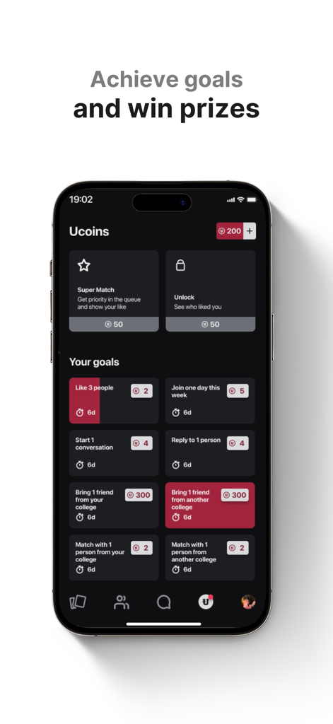 Umatch: Match, Chat & Meet - Un écran mobile de l'application Umatch montrant divers objectifs sociaux et tâches sur le thème universitaire pour gagner des récompenses en Ucoins.