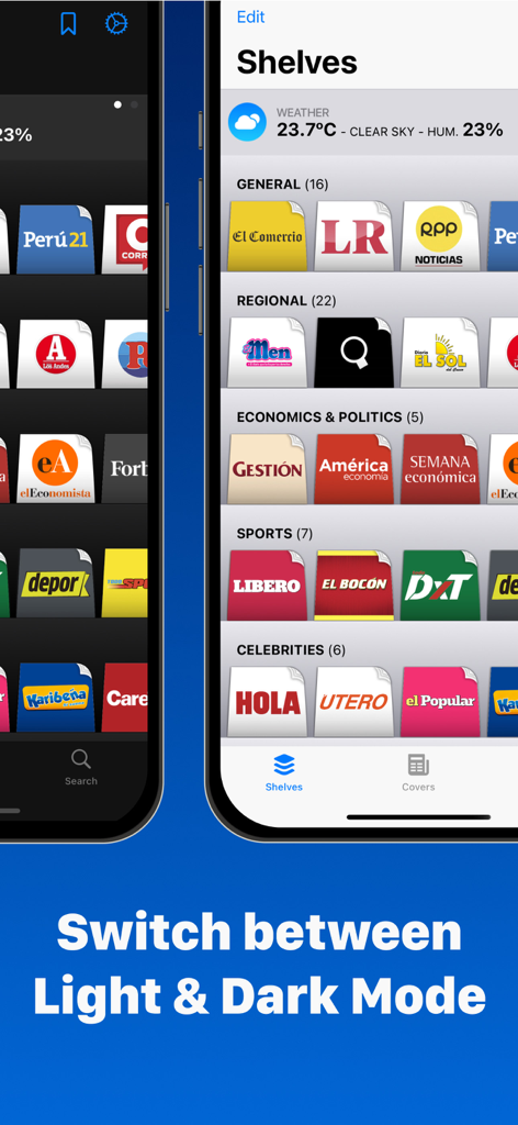 Comparison of light and dark mode themes in the Peruvian Newspapers app interface.