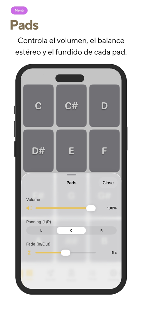Padline - Padline app interface showing volume panning and fade settings for ambient pads