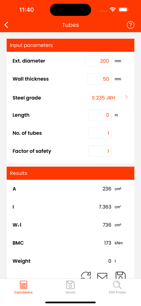 ArcelorMittal Projects - ArcelorMittal Projects app interface displaying a steel tubes technical calculator with input parameters and calculation results