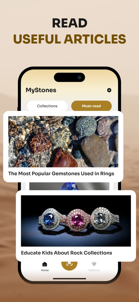 Rock Scanner: Identify Stone - A mobile app screen for Rock Scanner showing a section for useful articles about gemstones and rock collecting
