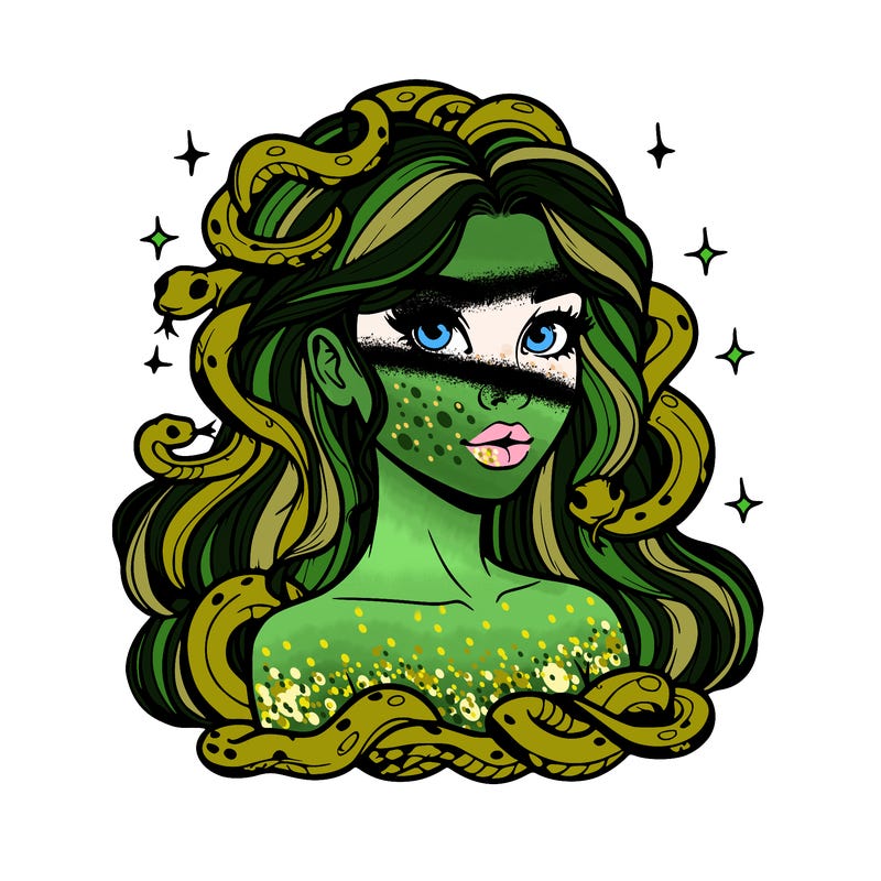 realistic girl with snakes as hair