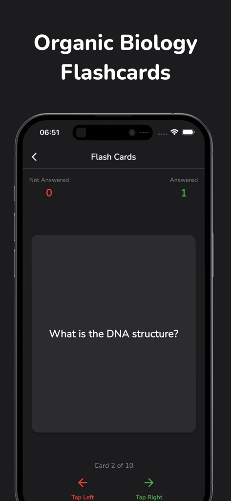 Mobile app interface showing an organic biology flashcard asking what is the dna structure with counters for answered and not answered questions