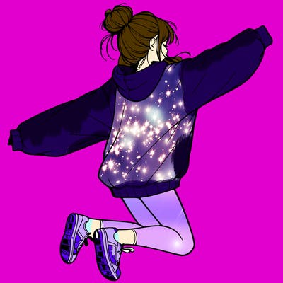 realistic girl jumping with a bun and oversized sweatshirt