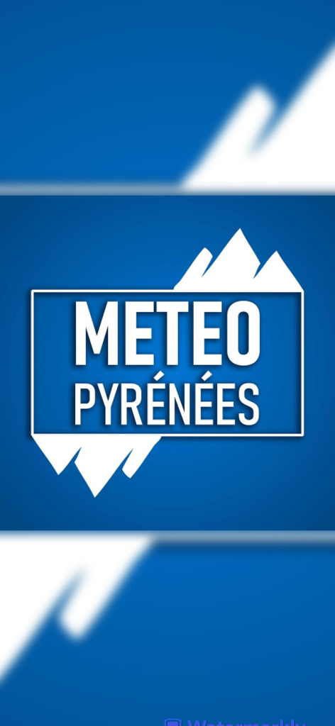 Meteo Pyrenees app splash screen featuring the logo and mountain silhouettes on a blue background