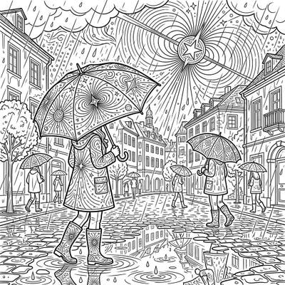 Experience the enchanting serenity of a rainy day in a charming town, uniquely adorned with cosmic pulsar patterns. This intricate coloring page invites you to add vibrant hues to a detailed street scene filled with umbrellas and reflective puddles.