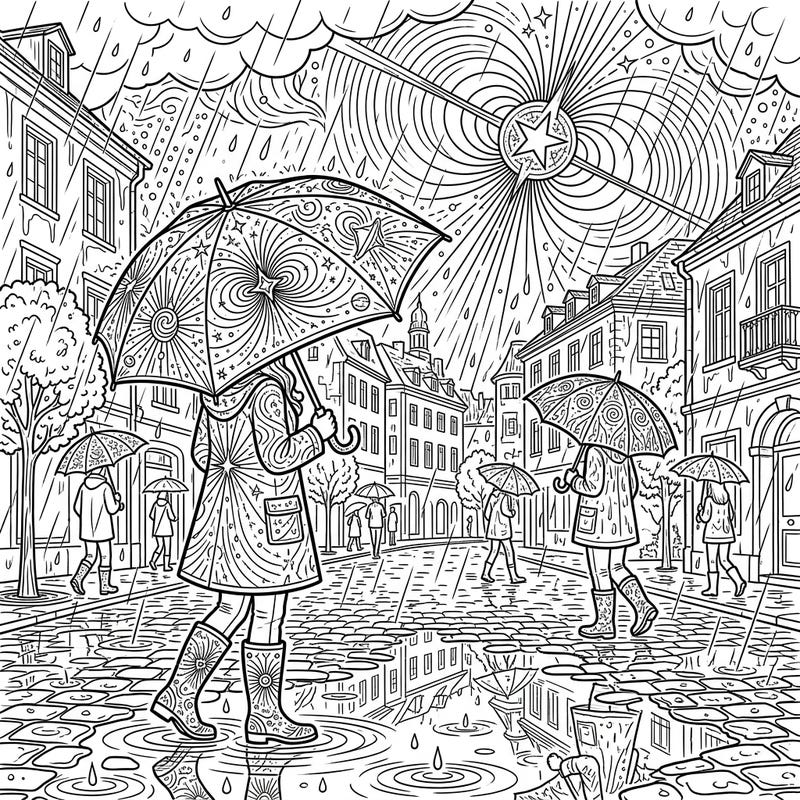 Experience the enchanting serenity of a rainy day in a charming town, uniquely adorned with cosmic pulsar patterns. This intricate coloring page invites you to add vibrant hues to a detailed street scene filled with umbrellas and reflective puddles.