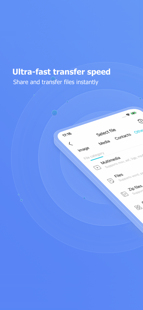 EasyShare app interface showcasing ultra fast transfer speed and file categories for images media and contacts