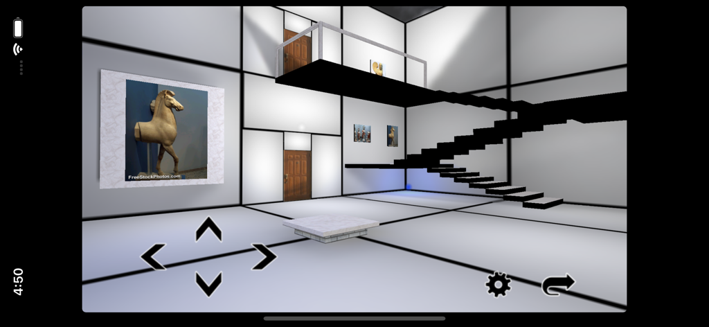 3D Gallery - A minimalist white virtual 3D gallery featuring a large photo of a horse statue on the wall and a floating black staircase
