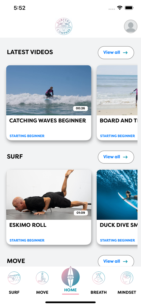 SurfersCompass mobile app dashboard showing surf coaching videos and categories for surf move breath and mindset
