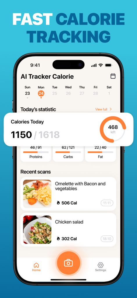 Painel do aplicativo My Plate Calorie Counter mostrando rastreamento diário de calorias e macronutrientes com histórico de escaneamento de alimentos