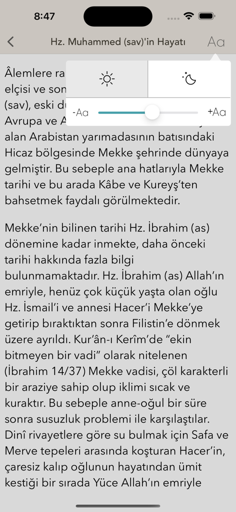 Hz. Muhammed app reading interface with font size and theme controls.