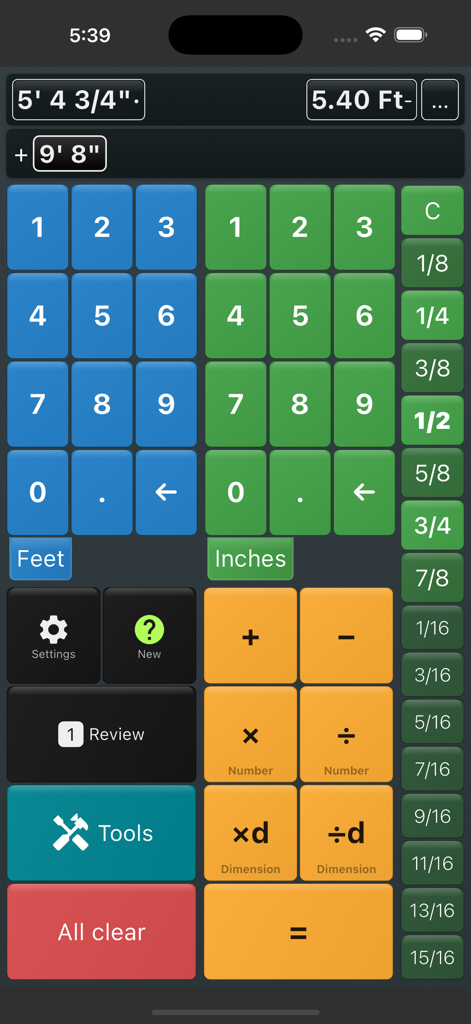 Interface principale de l'application Calculatrice Pieds et Pouces avec des boutons codés par couleur pour les pieds, les pouces et les fractions.