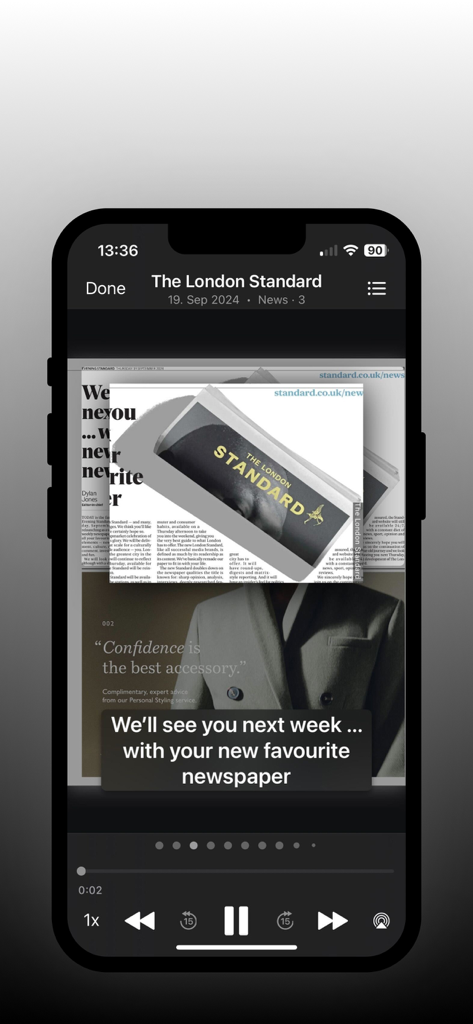 The London Standard - The London Standard mobile news app displaying a digital newspaper preview and audio player interface.