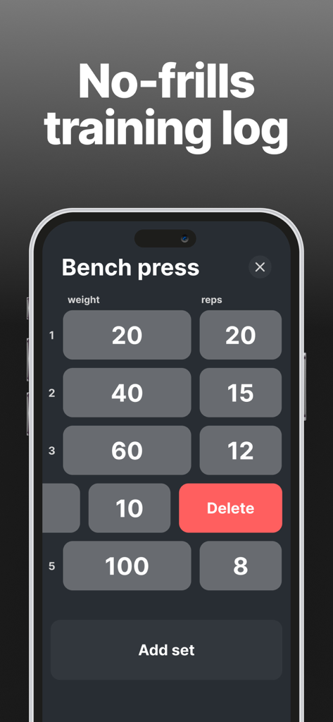 Gym Tracker simple workout log - Interfaz minimalista de registro de entrenamiento de press de banca que muestra series con peso y repeticiones.