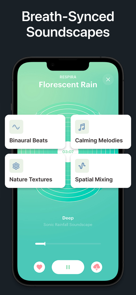RESPIRA App-Bildschirm mit atemsynchronisierten Klanglandschaften mit binauralen Beats, Naturtexturen und beruhigenden Melodien.