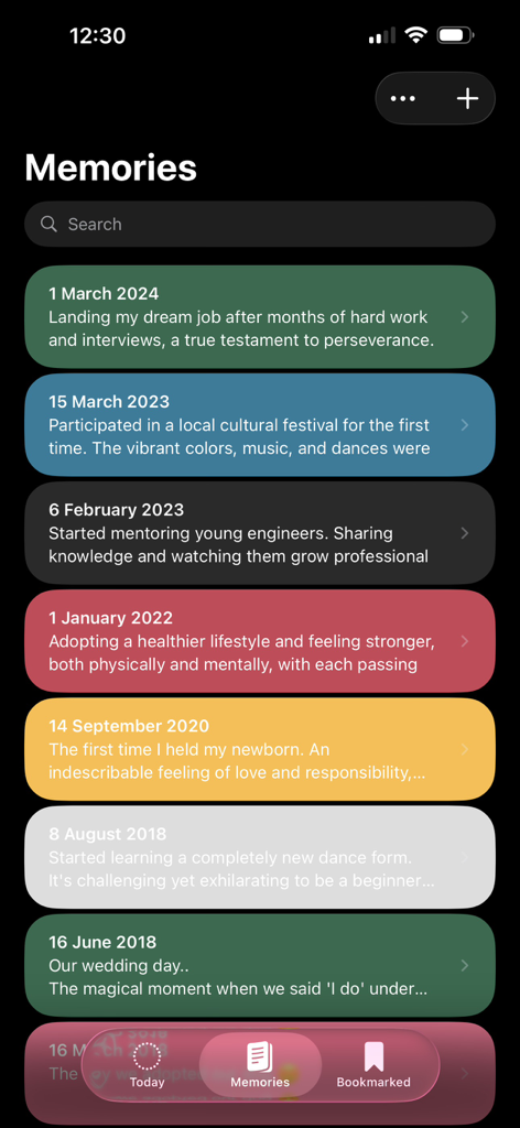 Today - Memory Notebook - A chronological list of colorful journal entries in the Today Memory Notebook app showing personal milestones and memories.