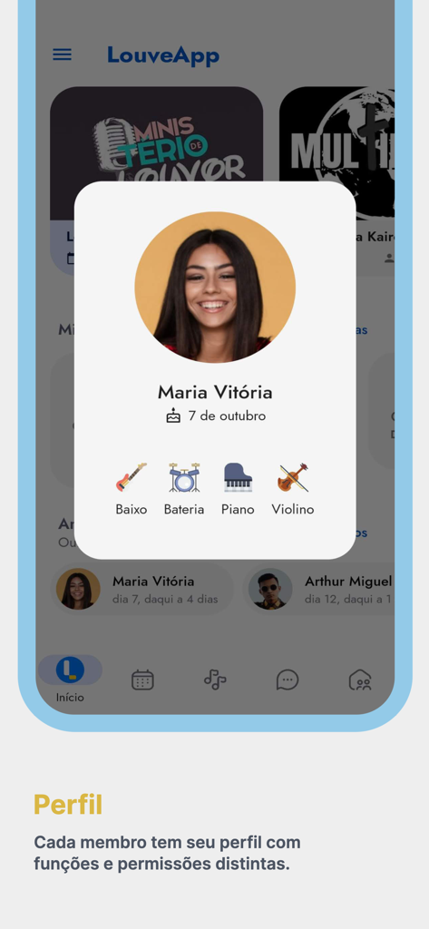 LouveApp - Tela de perfil de usuário do LouveApp mostrando foto do membro, nome e instrumentos musicais atribuídos