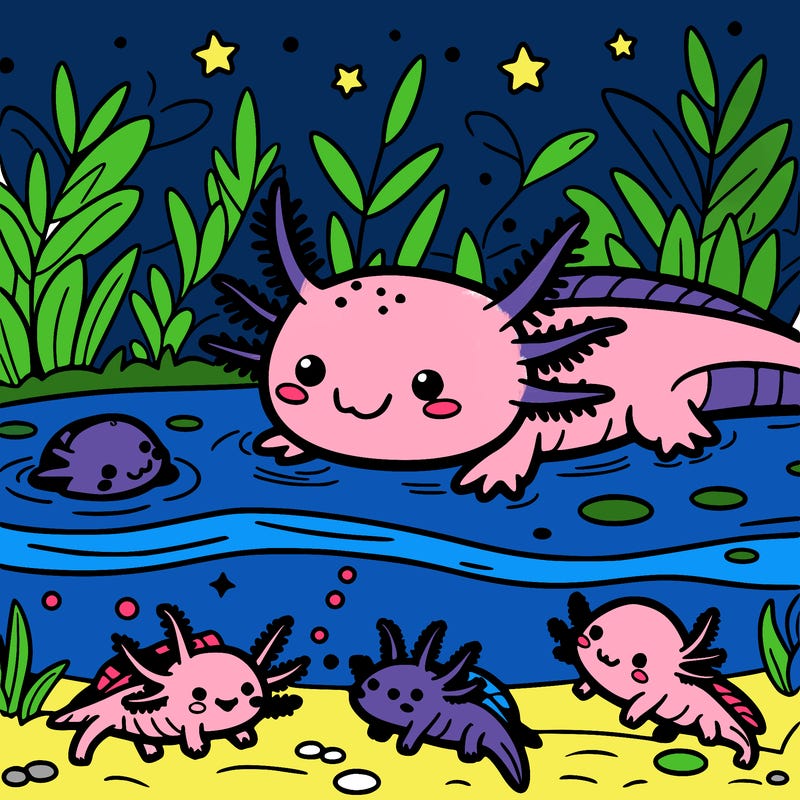 super cute axolotl family in the pond