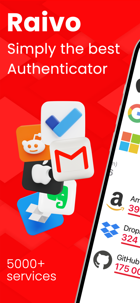 Raivo - 2FA Authenticator app - Raivo 2FA Authenticator app interface showing support for over 5000 services with various app icons