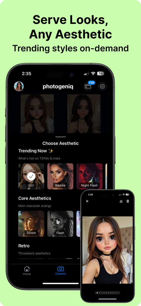 Photogeniq app interface showing a menu of trending AI photo aesthetics including Doll and Baddie styles