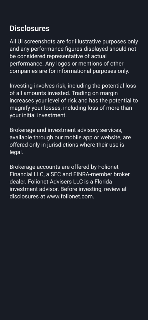 Folionet - A screen from the Folionet app showing legal disclosures and investment risk warnings.