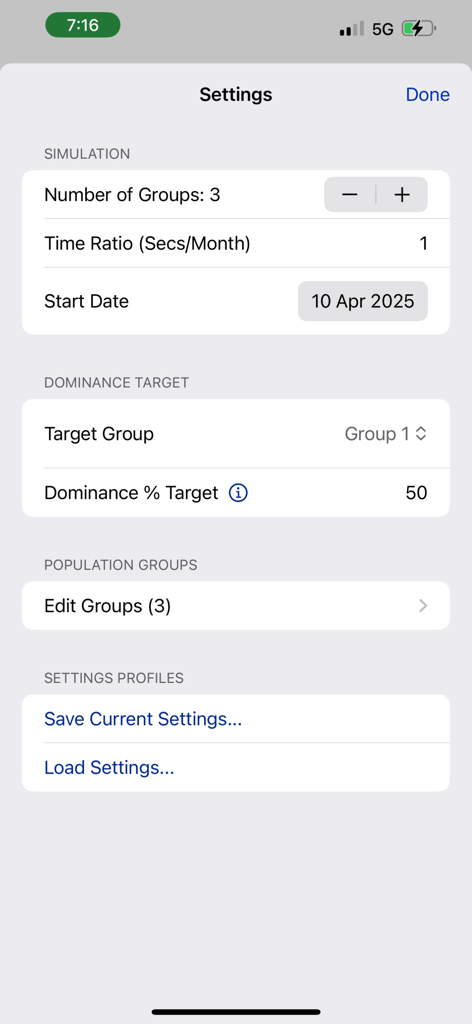 Settings menu of the Populion population simulator app showing configuration options for simulation groups and dominance targets