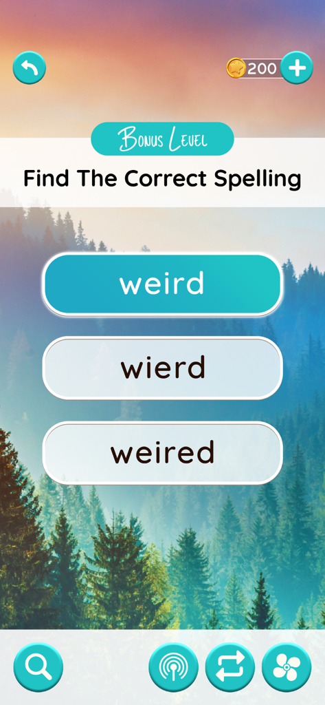 Word Voyage mobile game bonus level screen showing a spelling challenge with the word weird over a pine forest background