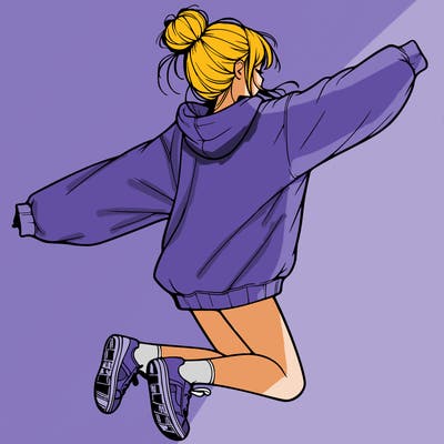 realistic girl jumping with a bun and oversized sweatshirt