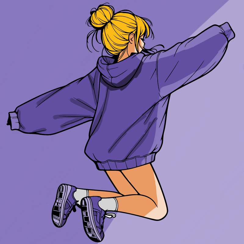 realistic girl jumping with a bun and oversized sweatshirt