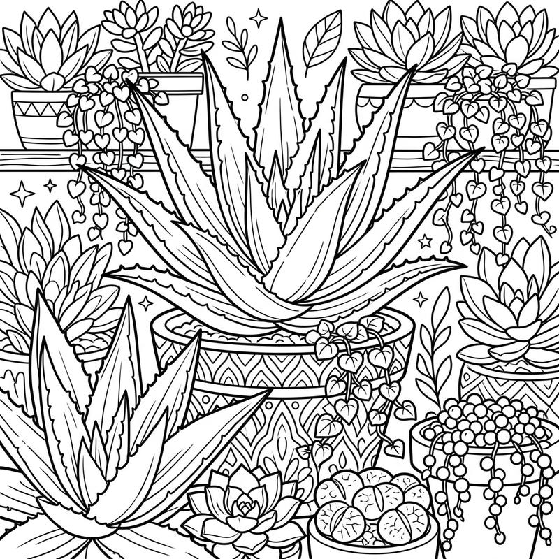 Dive into a vibrant world of greenery with this intricate Aloe Succulent Full Scene coloring page. Featuring a rich tapestry of potted succulents, it offers a deeply satisfying and immersive coloring experience.