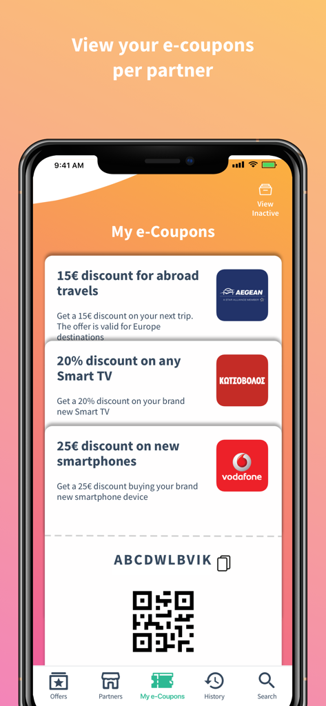 The Bonus by Alpha Bank mobile app interface displaying a list of active e-coupons for travel and retail discounts with a QR code for redemption.
