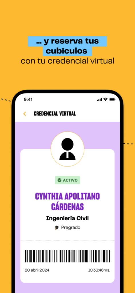 UPN Móvil - Una pantalla de smartphone mostrando una tarjeta de identificación virtual de estudiante dentro de la app UPN Movil con los detalles del estudiante y código de barras