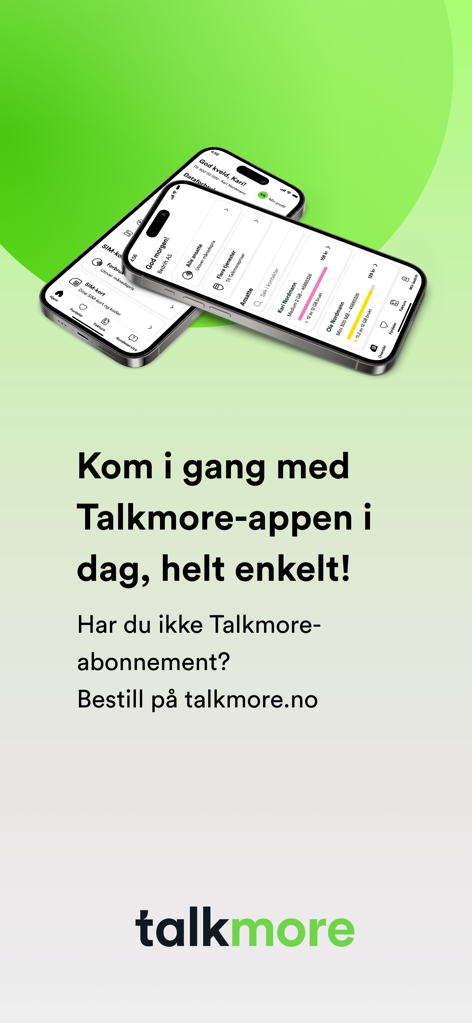 Zwei iPhones, die die Talkmore App-Oberfläche zur Verwaltung von Mobilfunkabonnements auf grünem Hintergrund zeigen